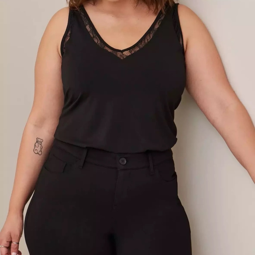 Torrid Studio Crepe Jersey Lace Inset Double V Neck Tank Top Black 6X